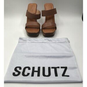 Schutz Sandals Size 5.5 B Womens Summer Jeans Wooden Bottom Heeled Aryana